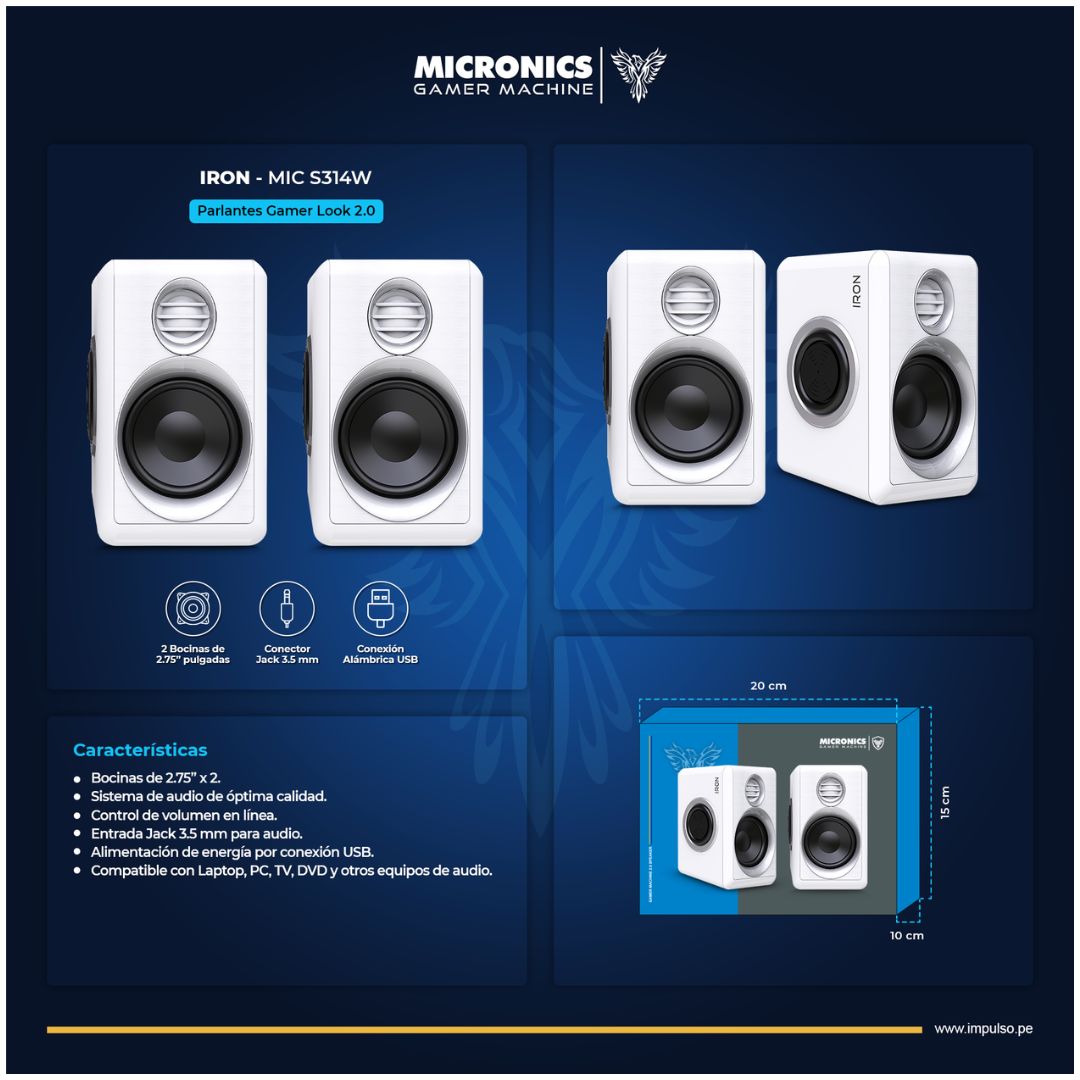 Parlantes Gamer Micronics S314W 2.0 USB para PC y Laptop