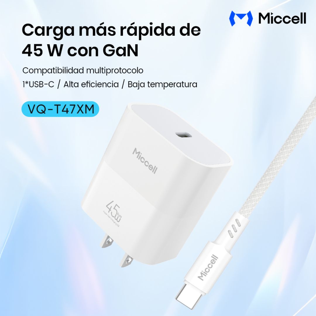 Cargador Rápido GaN Miccell 45W USB-C PD PPS Compatible con Samsung Super Fast Charging 2.0