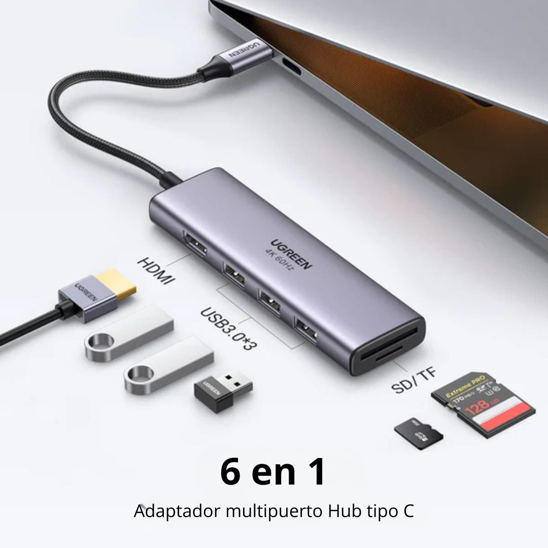 Hub USB-C UGREEN 6 en 1 HDMI 4K 30Hz 3 USB 3.0 SD TF Laptop CM511