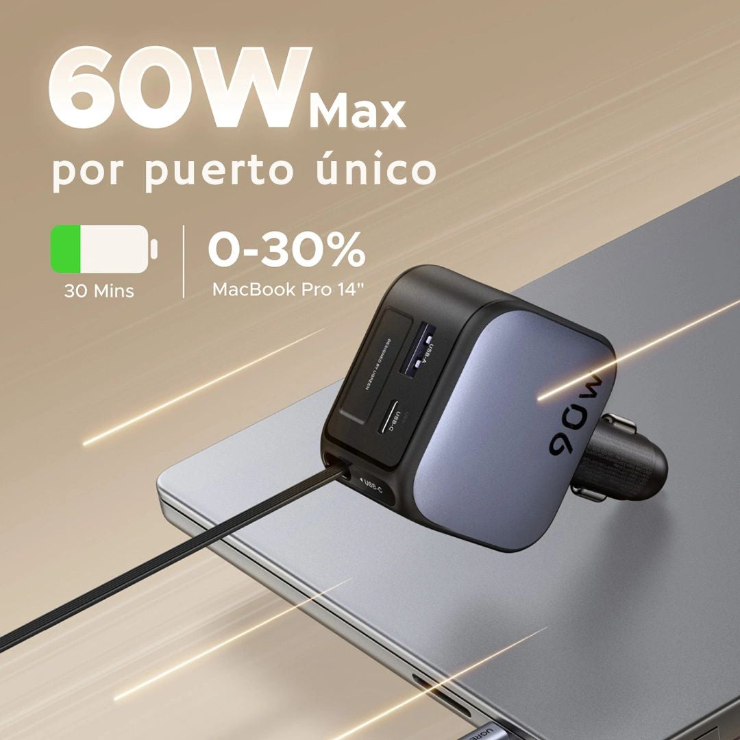 Cargador para Auto UGREEN EC603 90W con Cable Retráctil USB-C PD 3.0 y USB-A