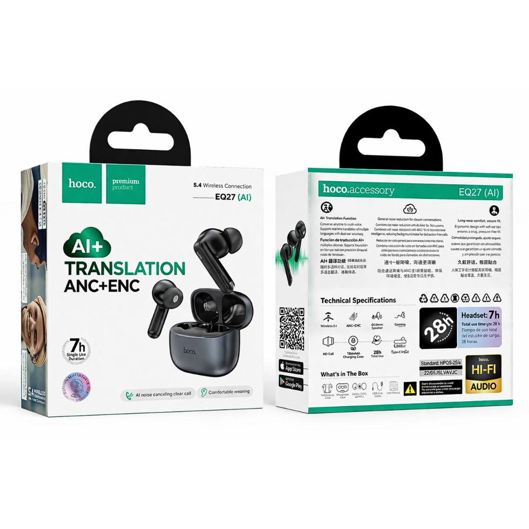 Audífonos Bluetooth Hoco EQ27 TWS con ANC, ENC, Traducción IA y Bluetooth 5.4