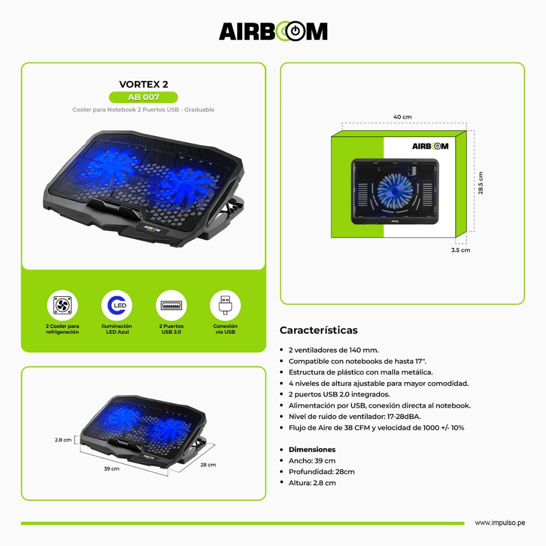 Cooler para Laptop AirBoom Vortex 2 AB 007 17” 2 Ventiladores LED Azul