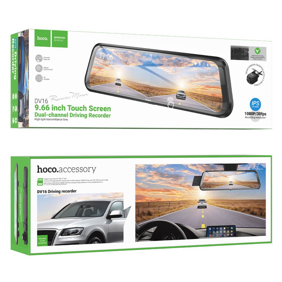 Cámara Vehicular Hoco DV16 Espejo Retrovisor 1080P Dual con Pantalla Táctil y Visión Nocturna
