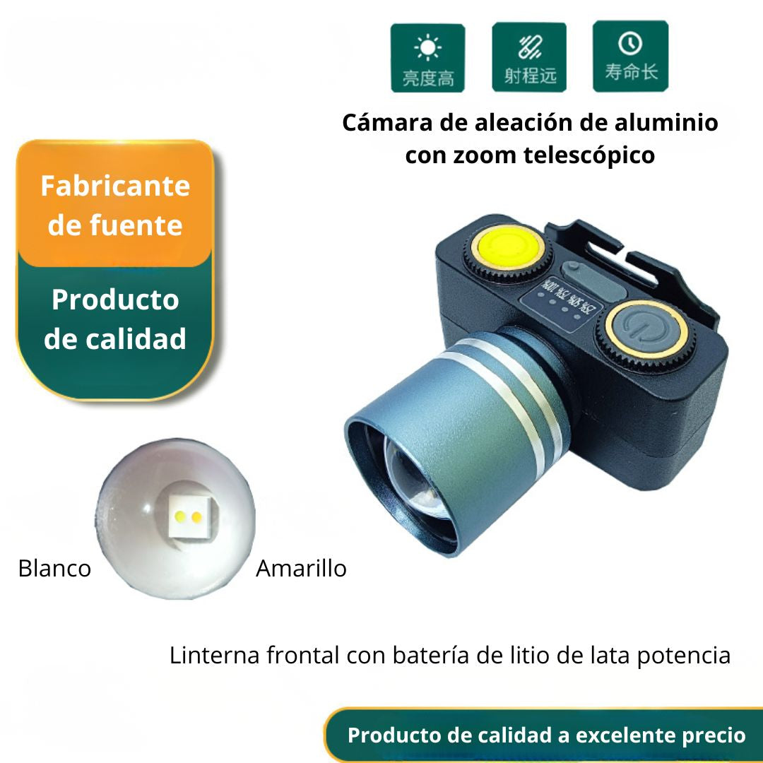 Linterna Frontal LED 200W Bossney con Luz Blanca y Amarilla, Zoom Telescópico, Indicador Digital y Batería 2000 mAh Impermeable