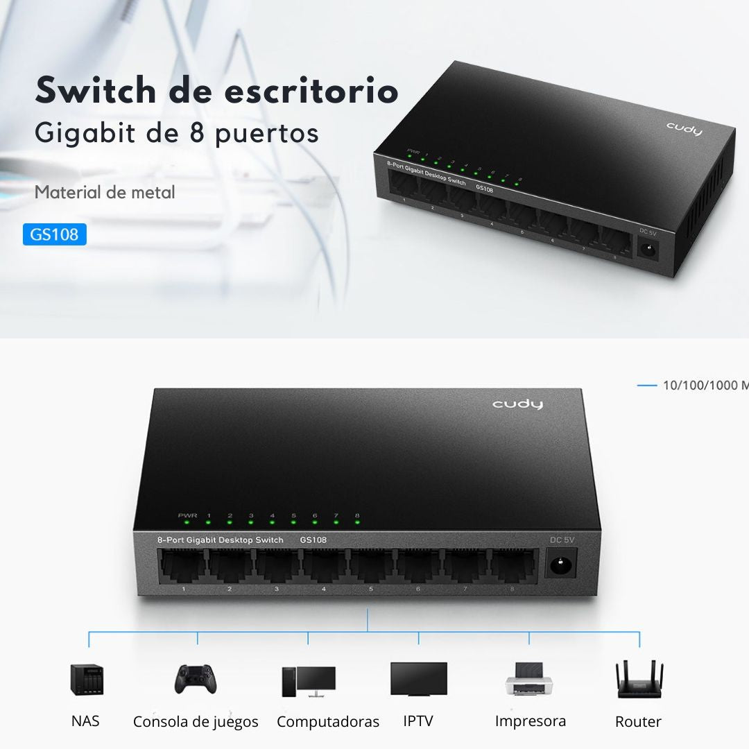 Switch de Red Gigabit Ethernet Cudy GS108 8 Puertos RJ45 Metálico
