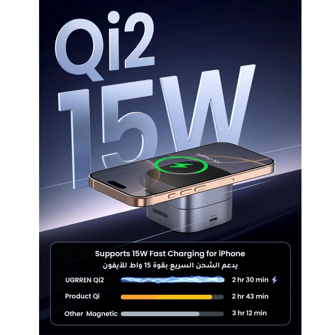 Cargador Inalámbrico Magnético UGREEN W702 Qi2 2 en 1 15W para iPhone AirPods