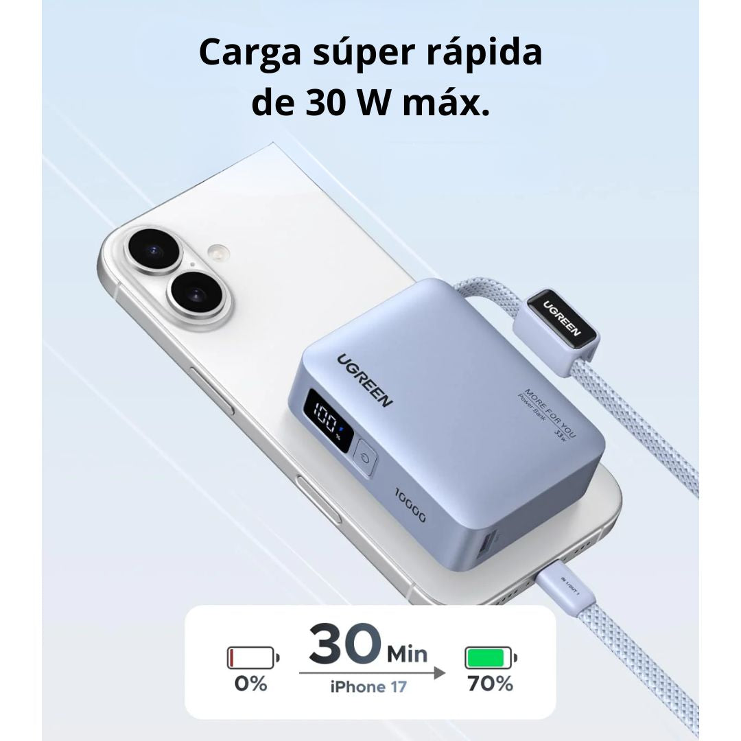 Power Bank 10000mAh UGREEN PB584 33W Carga Rápida con Cable USB-C Integrado