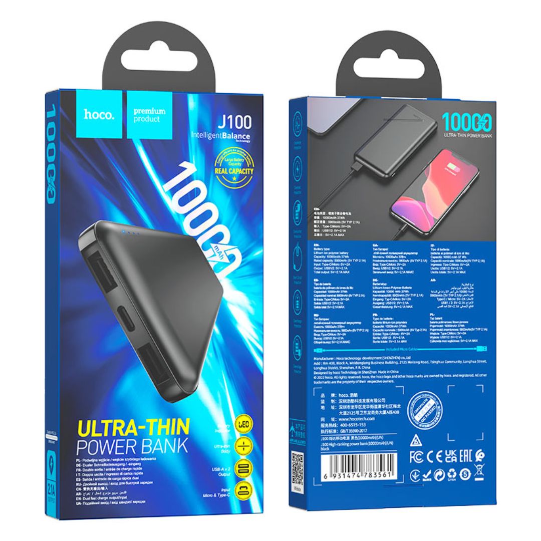 Power Bank 10000 mAh Hoco J100 con Pantalla LED Doble USB y Entrada USB-C Micro USB