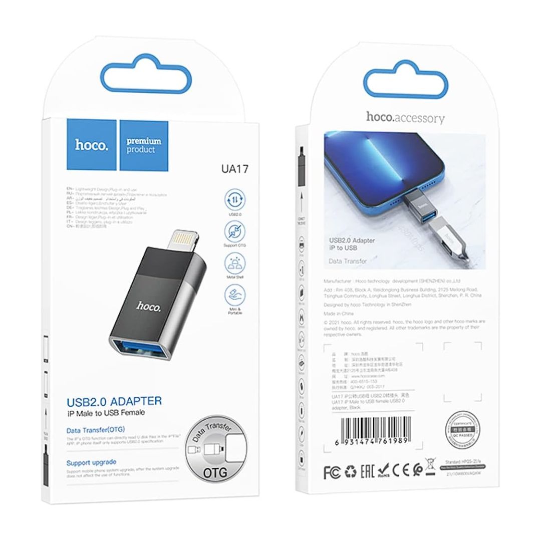 Adaptador OTG Lightning a USB Hoco UA17 para iPhone con Transferencia de Datos y Carga 2A