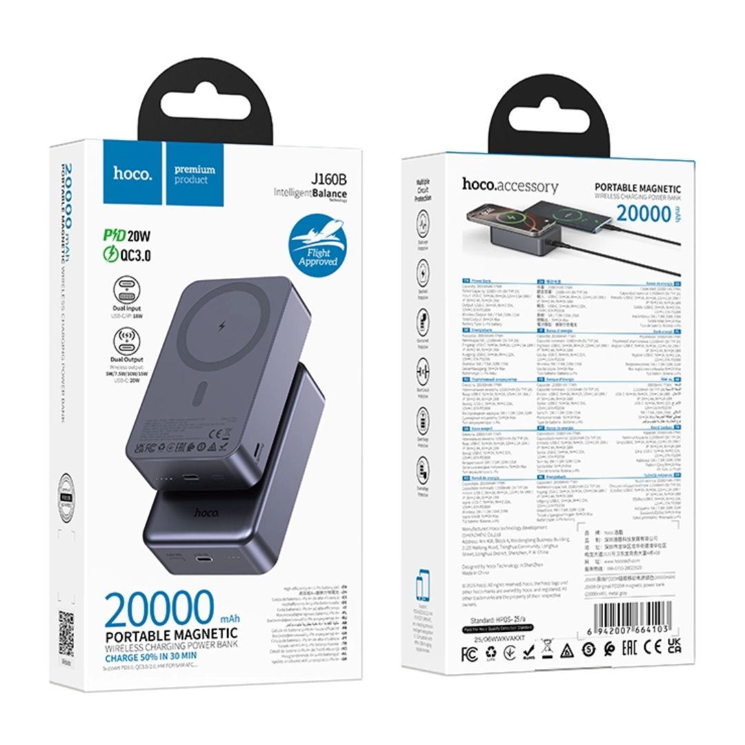 Power Bank Magnético Inalámbrico 20000 mAh Hoco J160B con Carga Rápida 20W USB-C y MagSafe
