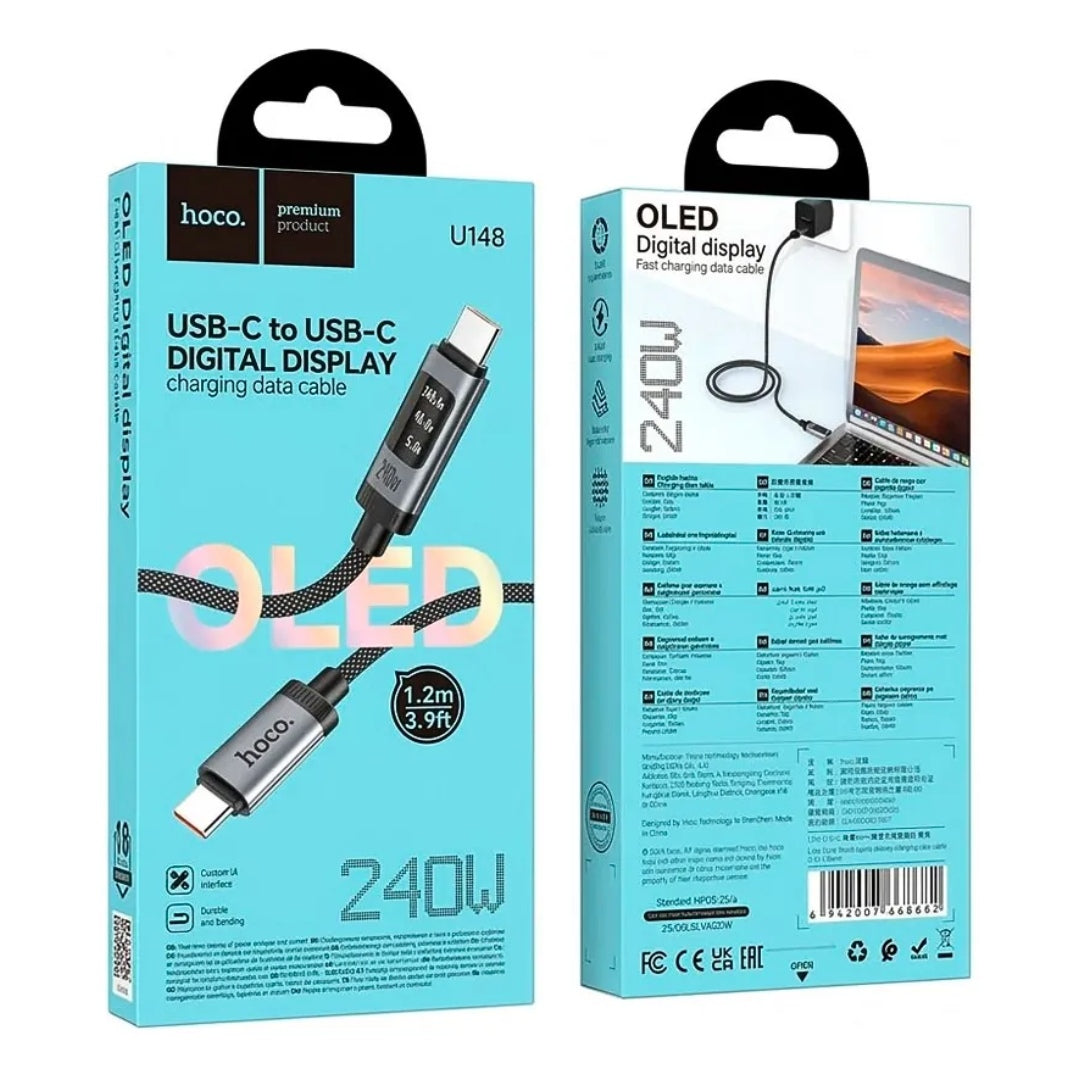 Cable Tipo C a Tipo C Hoco U148 240W con Pantalla Digital OLED y Carga Rápida