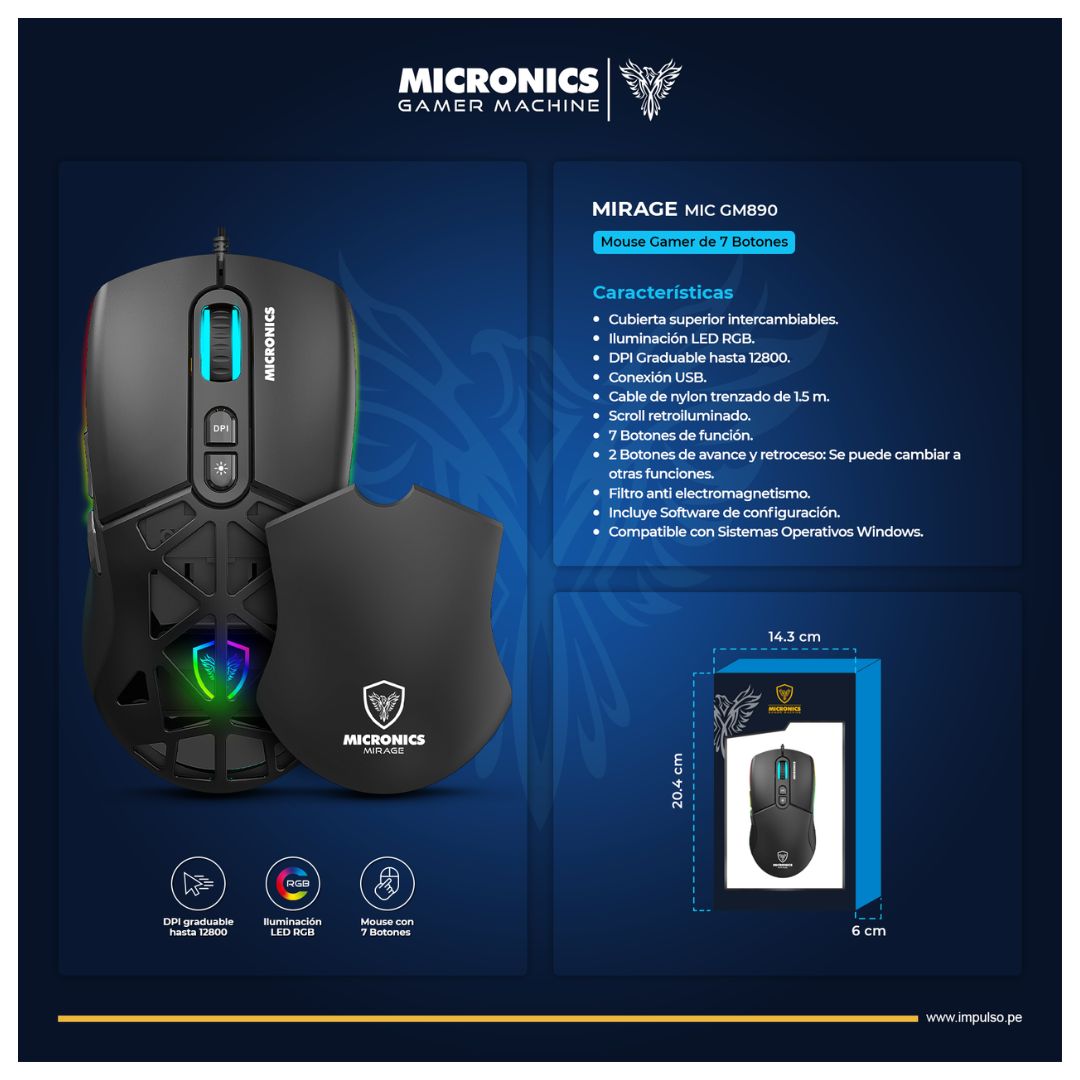 Mouse Gamer Cableado Micronics Mirage MIC GM890 RGB 12800 DPI 7 Botones