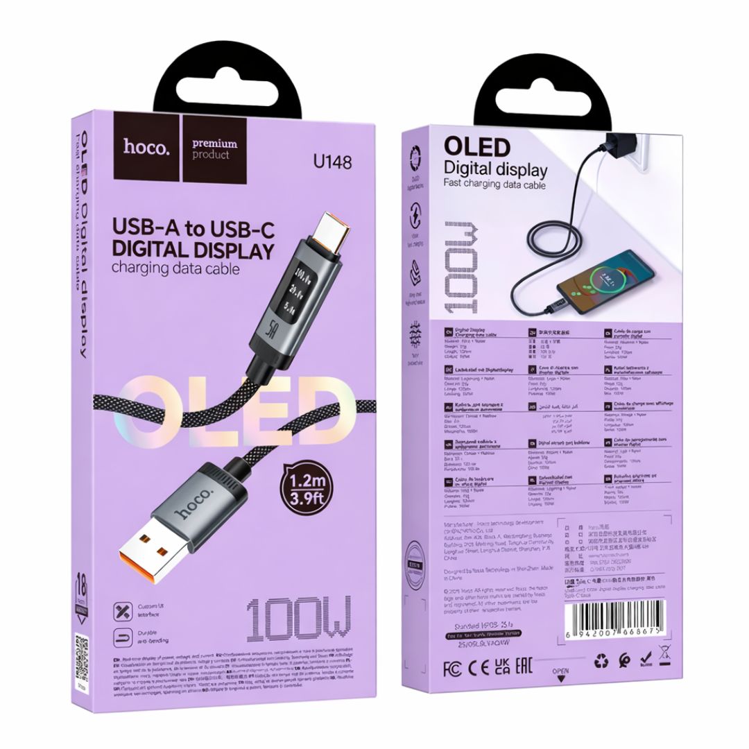 Cable USB-A a Tipo C Hoco U148 100W con Pantalla Digital OLED y Carga Rápida