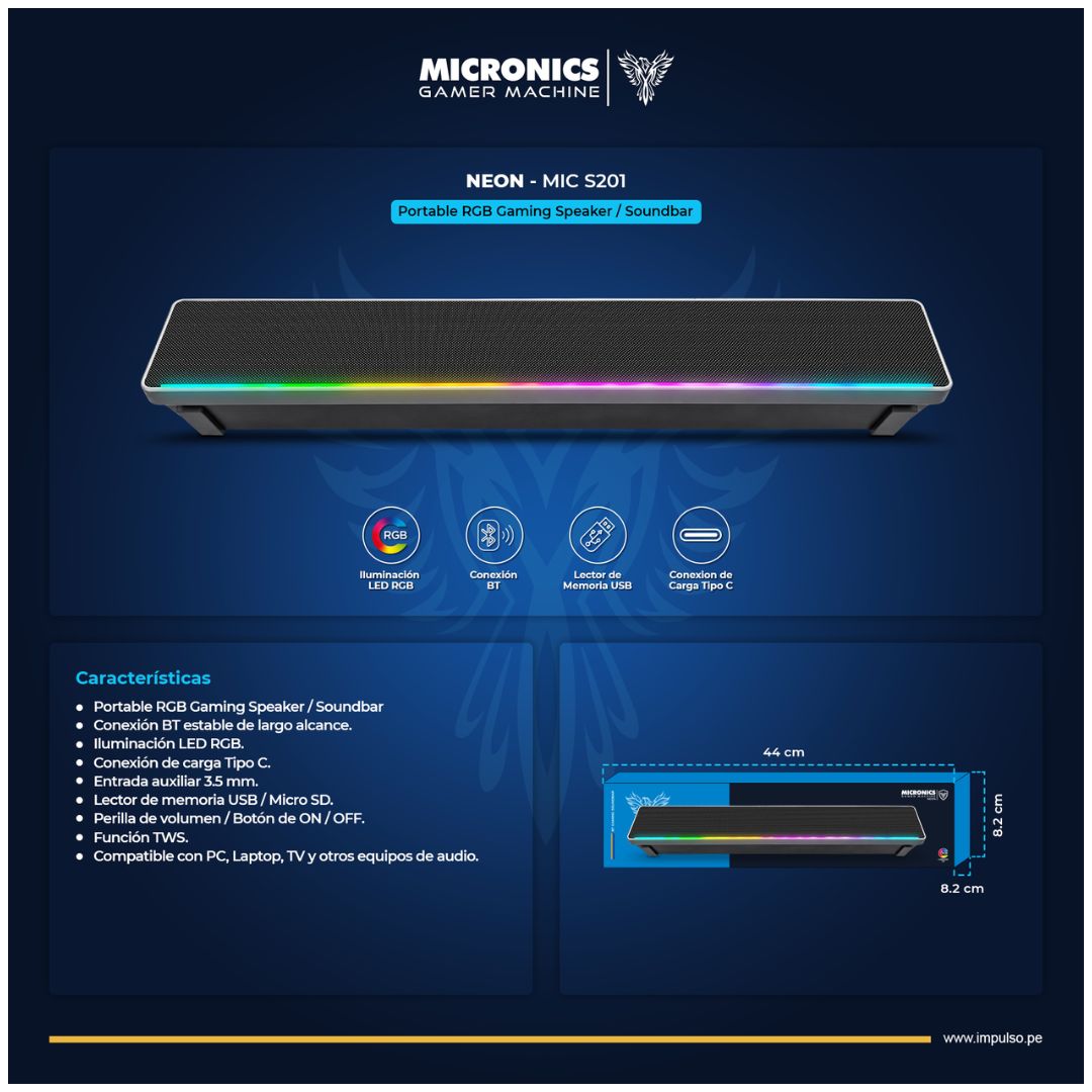 Barra de Sonido Gamer Micronics S201 10W Bluetooth 5.3 RGB