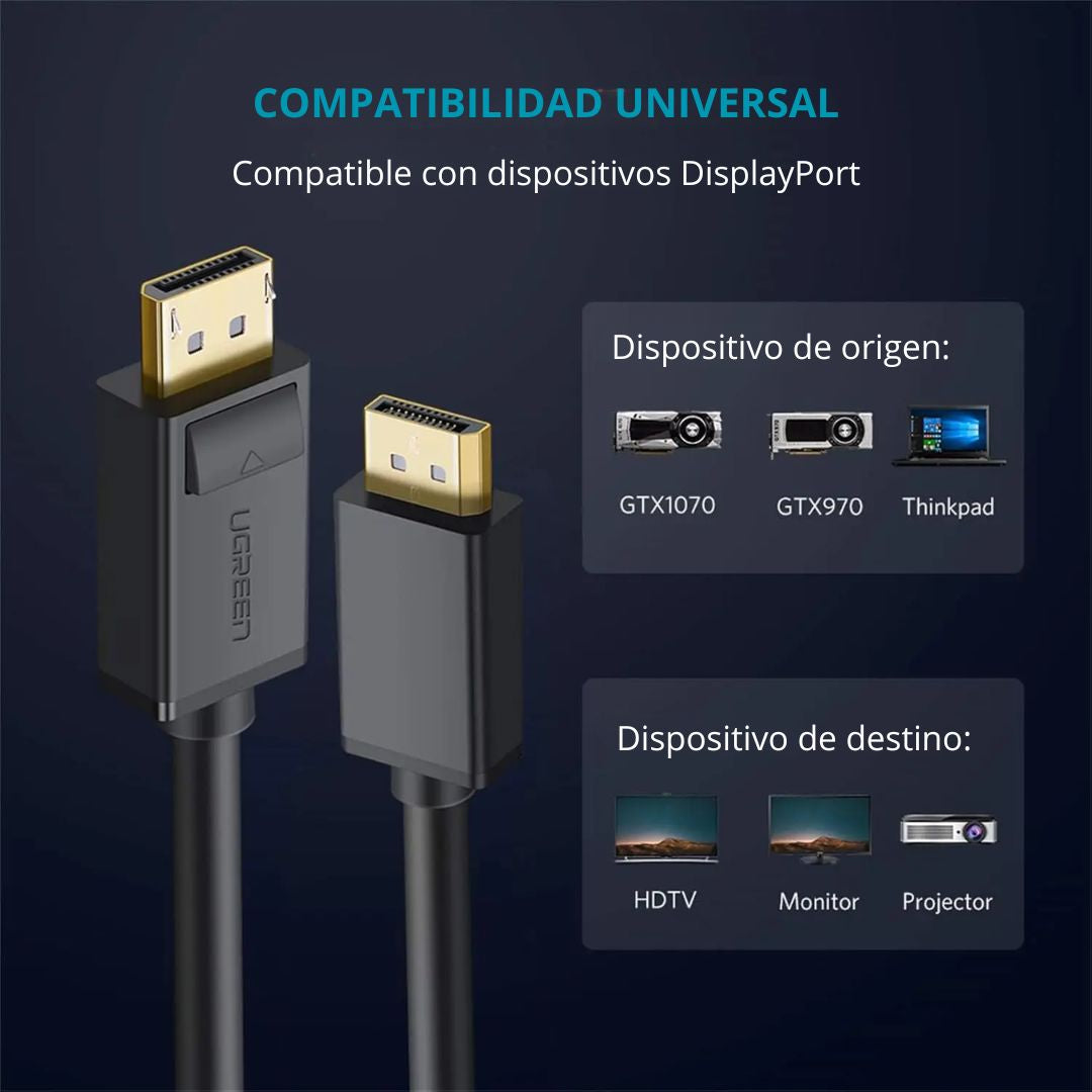Cable DisplayPort UGREEN DP102 3m 4K 60Hz para Monitor PC y Proyector