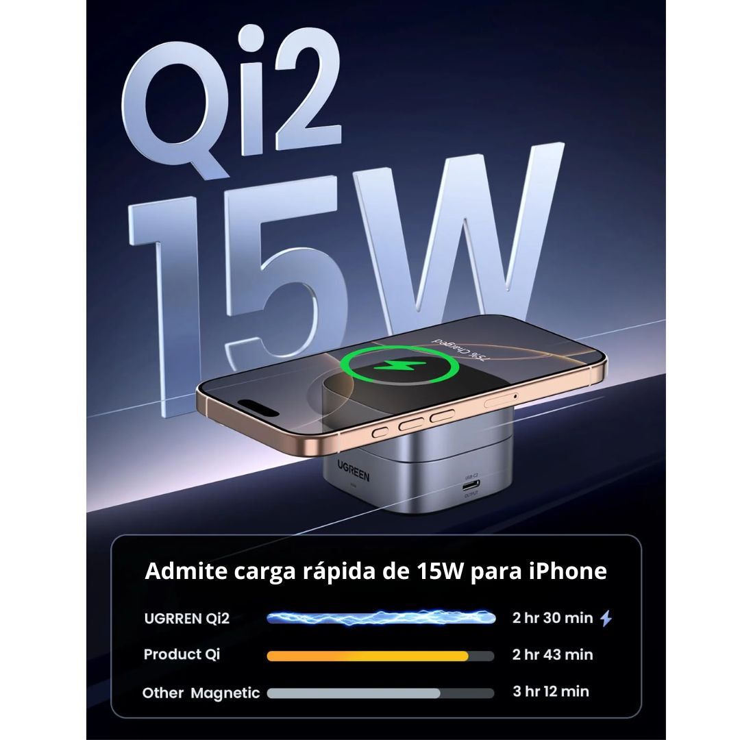 Cargador Inalámbrico Magnético UGREEN W702 Qi2 2 en 1 15W para iPhone AirPods
