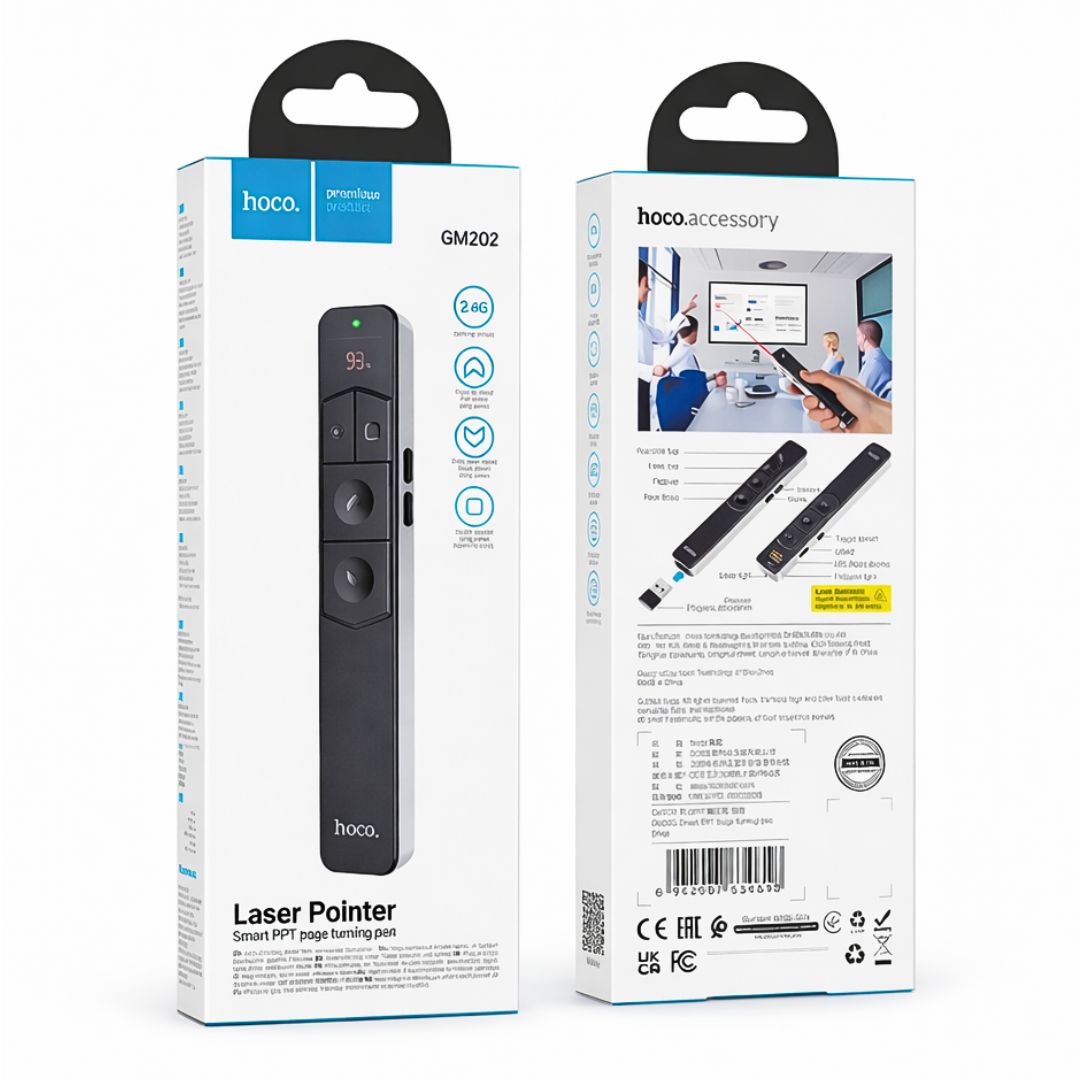 Presentador Inalámbrico Hoco GM202 con Puntero Láser Rojo 2.4G Recargable para PowerPoint y Keynote