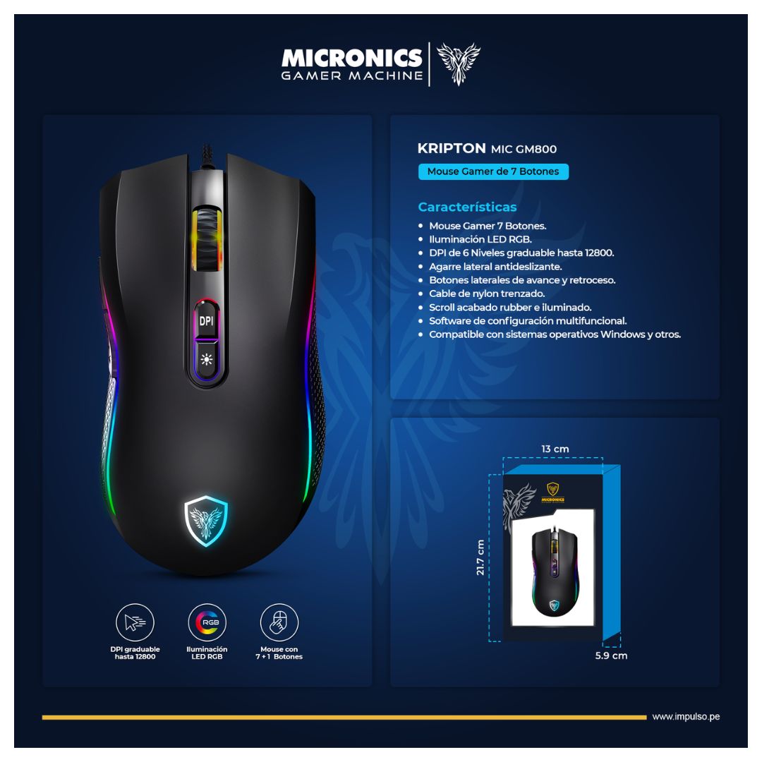 Mouse Gamer Cableado Micronics Kripton MIC GM800 RGB 12800 DPI 7 Botones