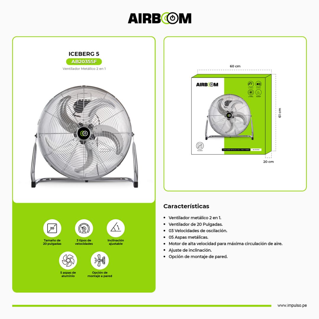 Ventilador Metálico AirBoom para Piso y Pared 20" 120W 3 Velocidades