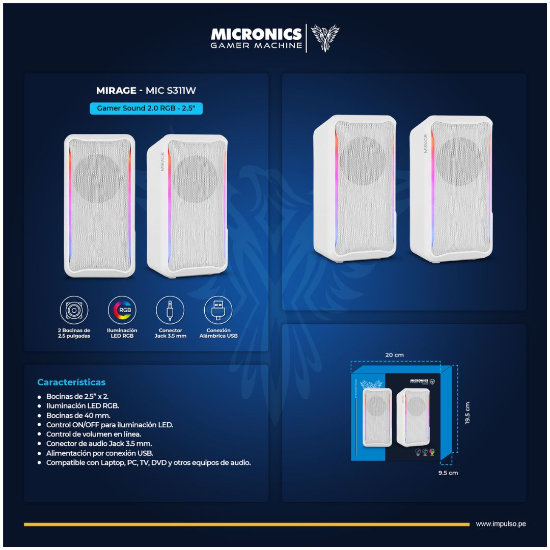 Parlantes Gamer Micronics S311 RGB 2.0 USB para PC