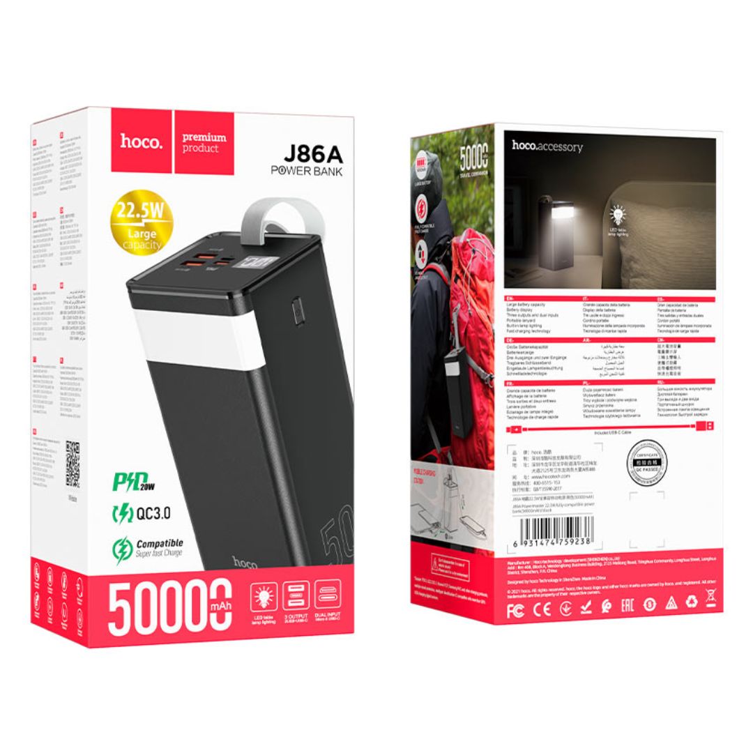 Power Bank 50000 mAh Hoco J86A Carga Rápida 22.5W con Pantalla LED Linterna y USB Tipo C