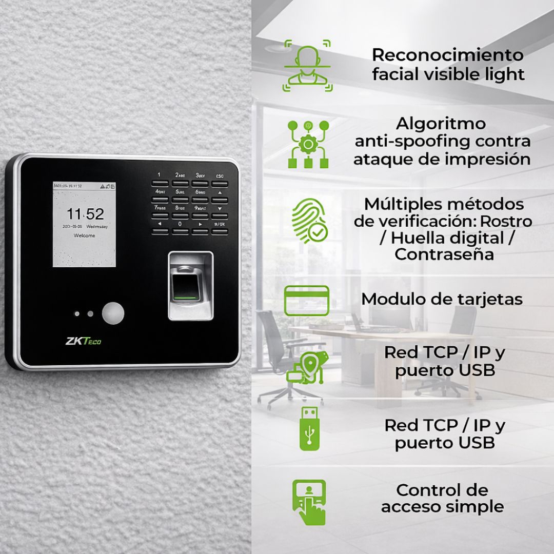 Reloj Biométrico Facial y Huella ZKTeco MB20-VL para Control de Acceso y Asistencia