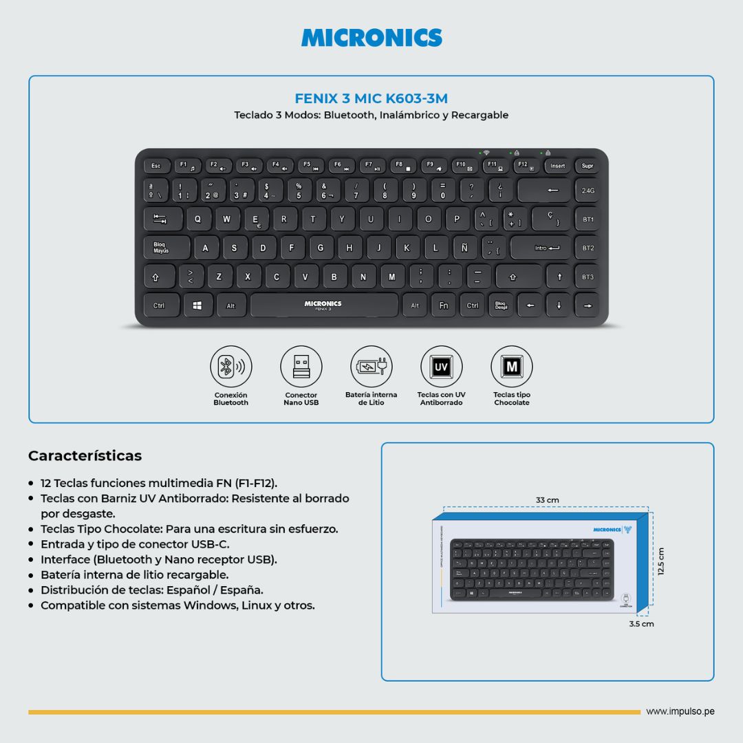 Teclado Inalámbrico Micronics Fenix 3 K603-3M Bluetooth 2.4GHz Recargable