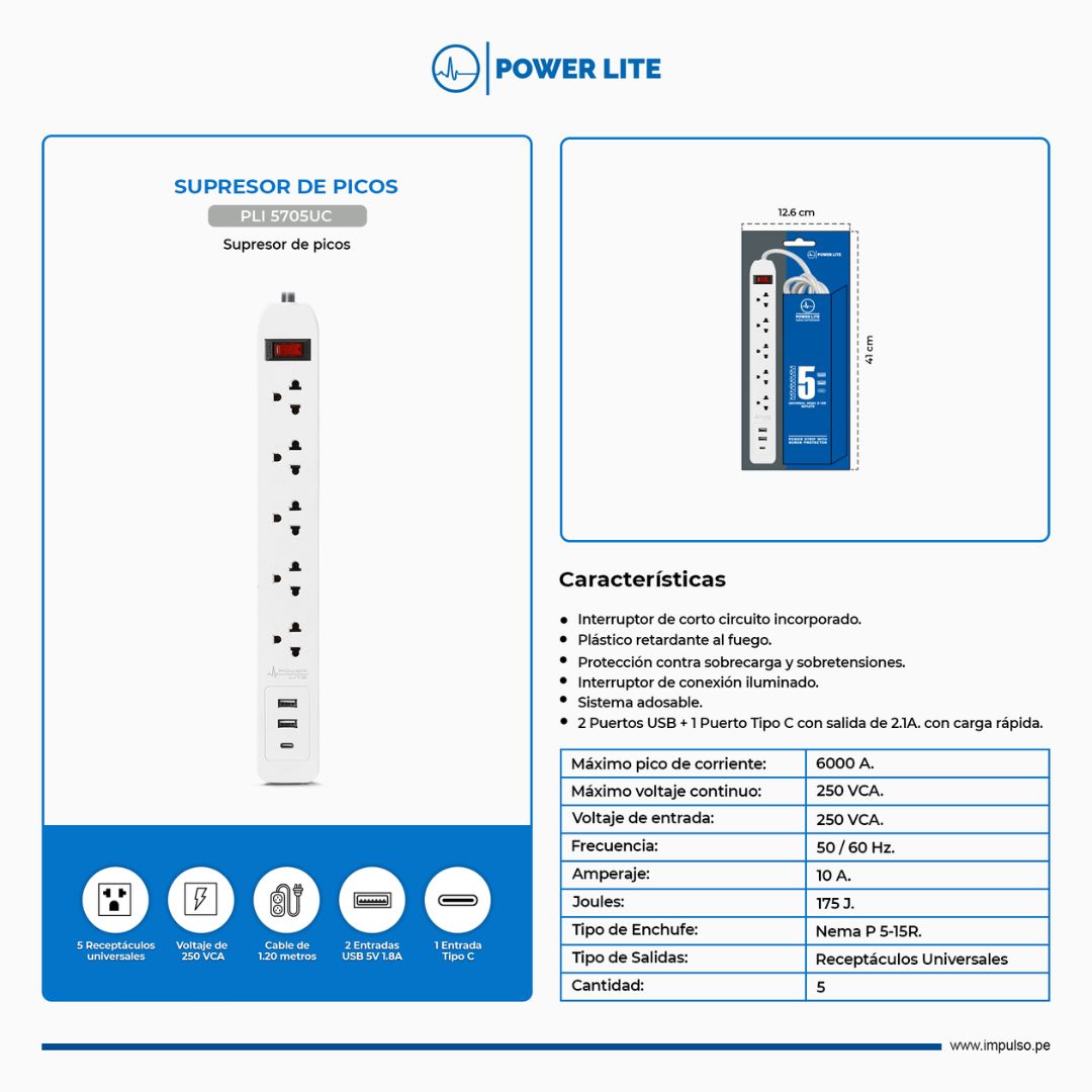 Supresor de Picos Power Lite PLI 5705UC 5 Tomas 2 USB USB-C