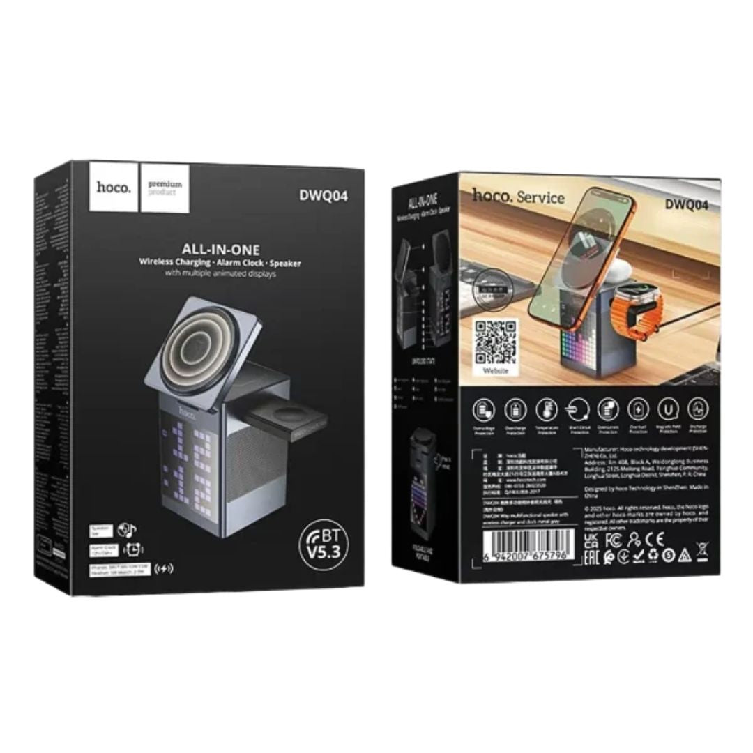 Estación de Carga Hoco DWQ04 3 en 1 15W con Parlante Bluetooth y Reloj Despertador