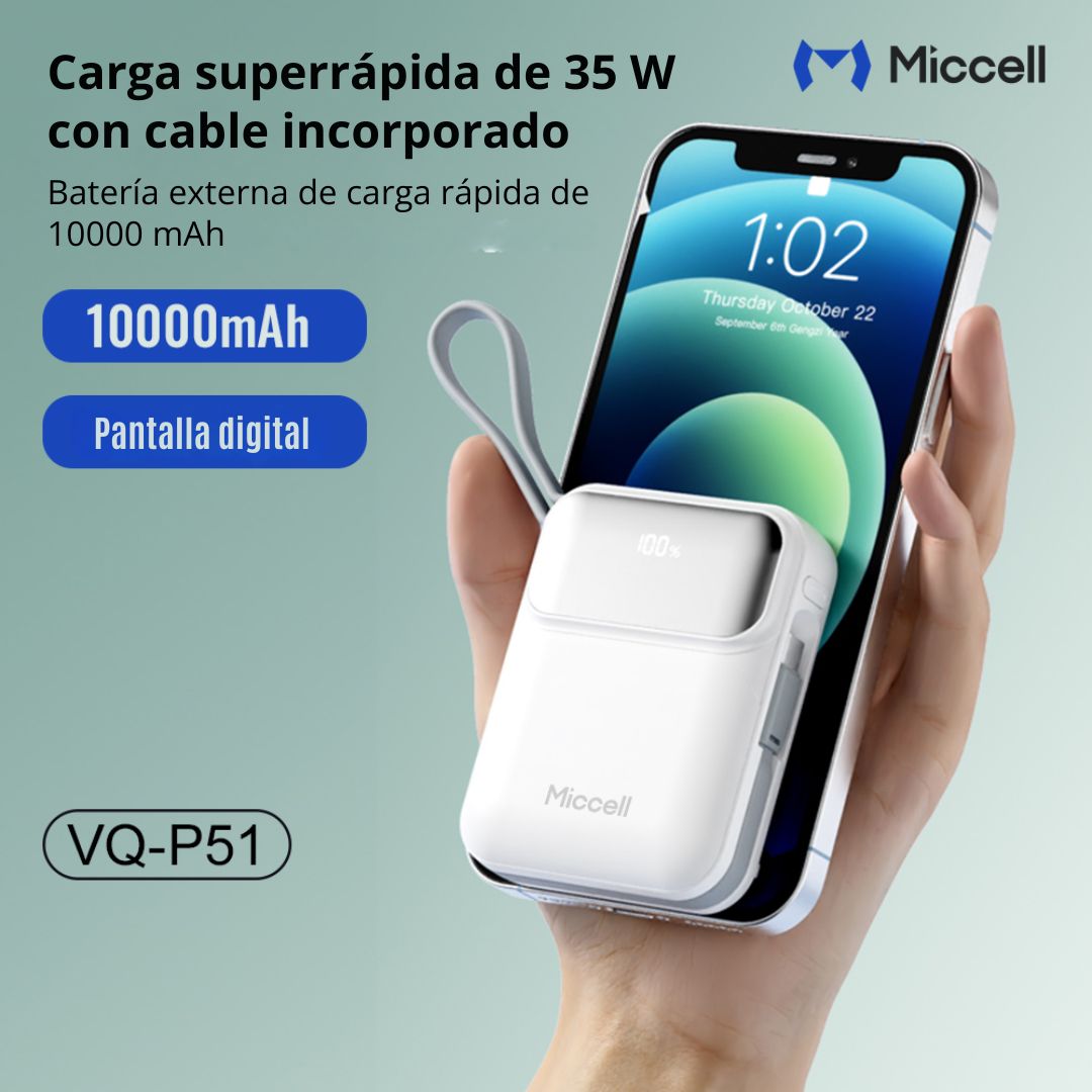 Power Bank 10000mAh 35W Carga Rápida con Cables Integrados USB-C Lightning Miccell VQ-P51