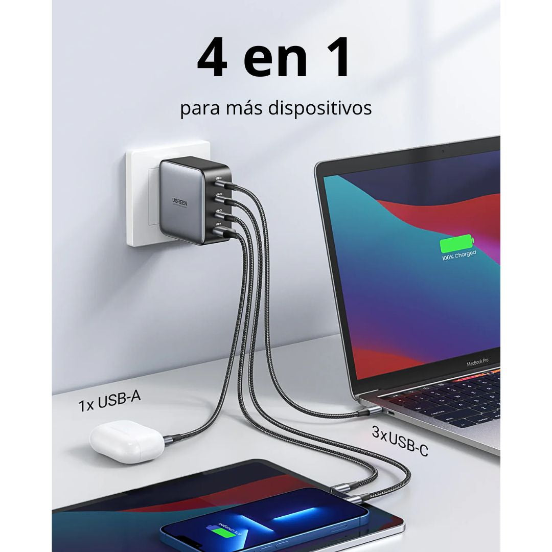 Cargador Rápido GaN UGREEN Nexode 100W de 4 Puertos con 3 USB-C y 1 USB-A para Laptop y Celular