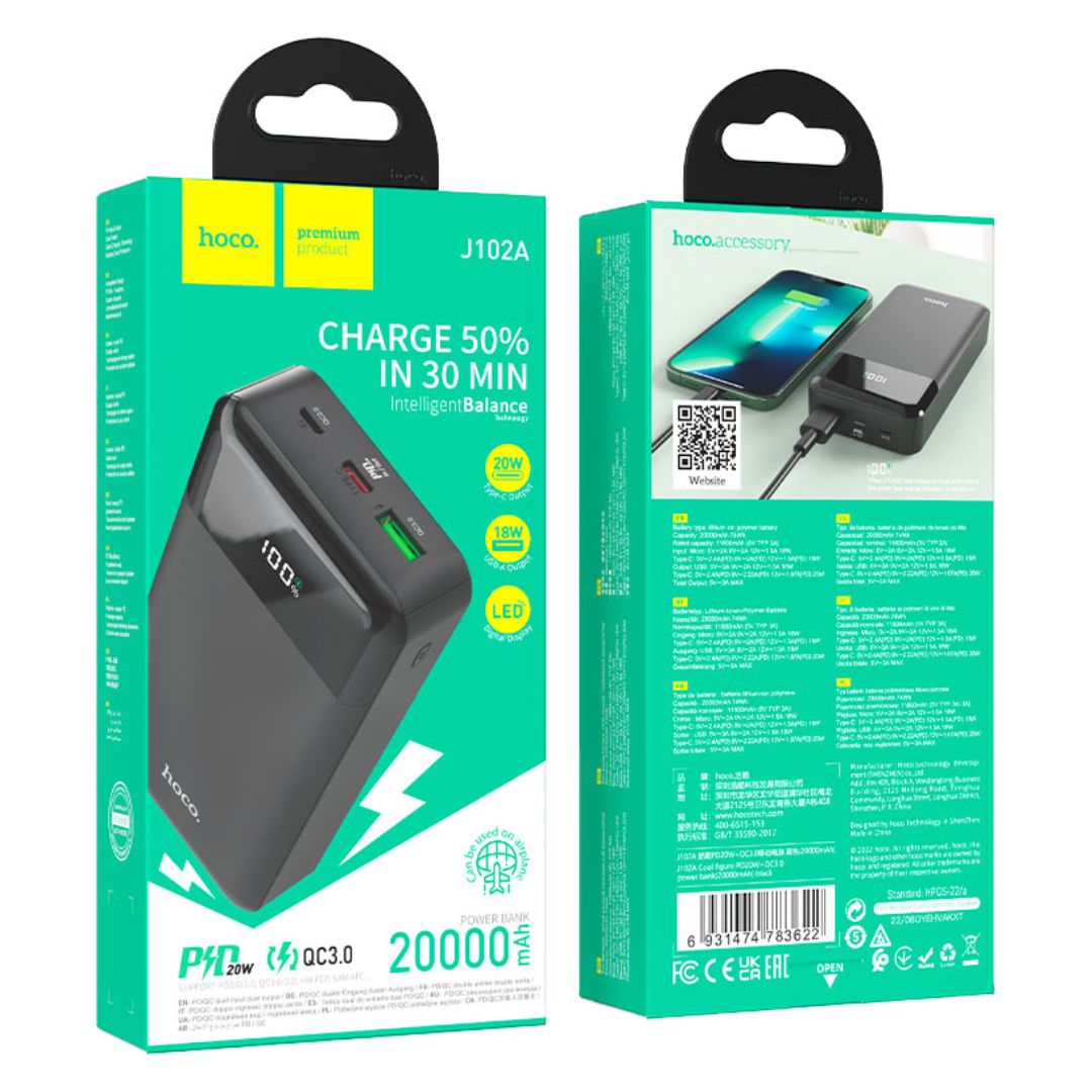 Power Bank 20000 mAh Hoco J102A con Carga Rápida PD 20W QC 3.0 Pantalla LED y USB-C