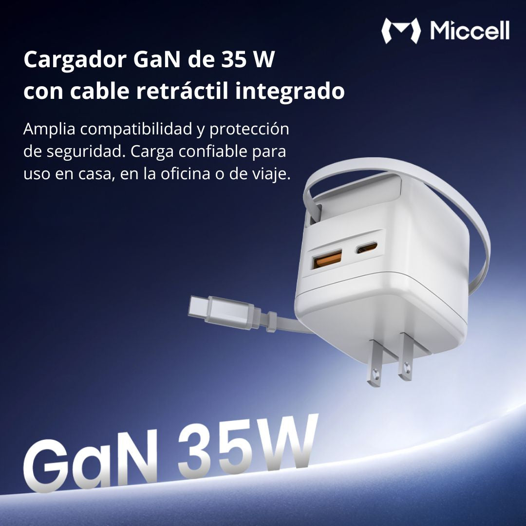 Cargador GaN 35W USB-C USB-A Carga Rápida con Cable Retráctil Miccell VQ-T62