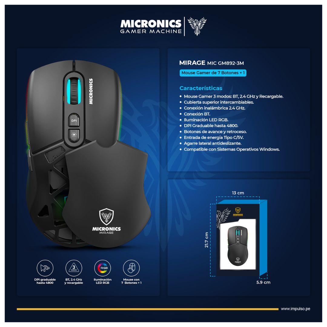 Mouse Gamer Inalámbrico Micronics Mirage 3 RGB 4800 DPI Recargable