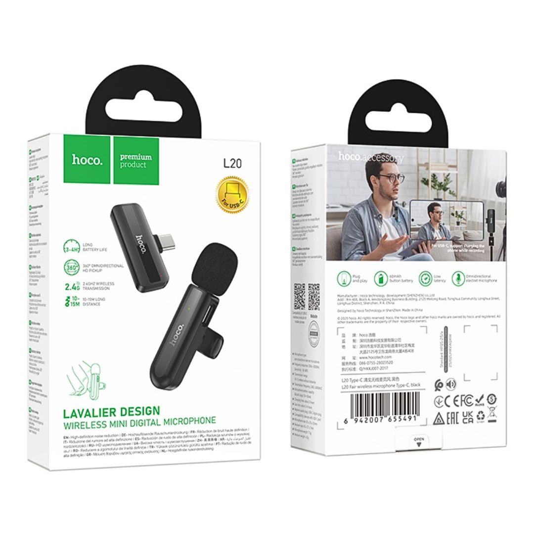 Micrófono Solapero Inalámbrico Hoco L20 Fair USB-C para Celular con Reducción de Ruido y Plug and Play