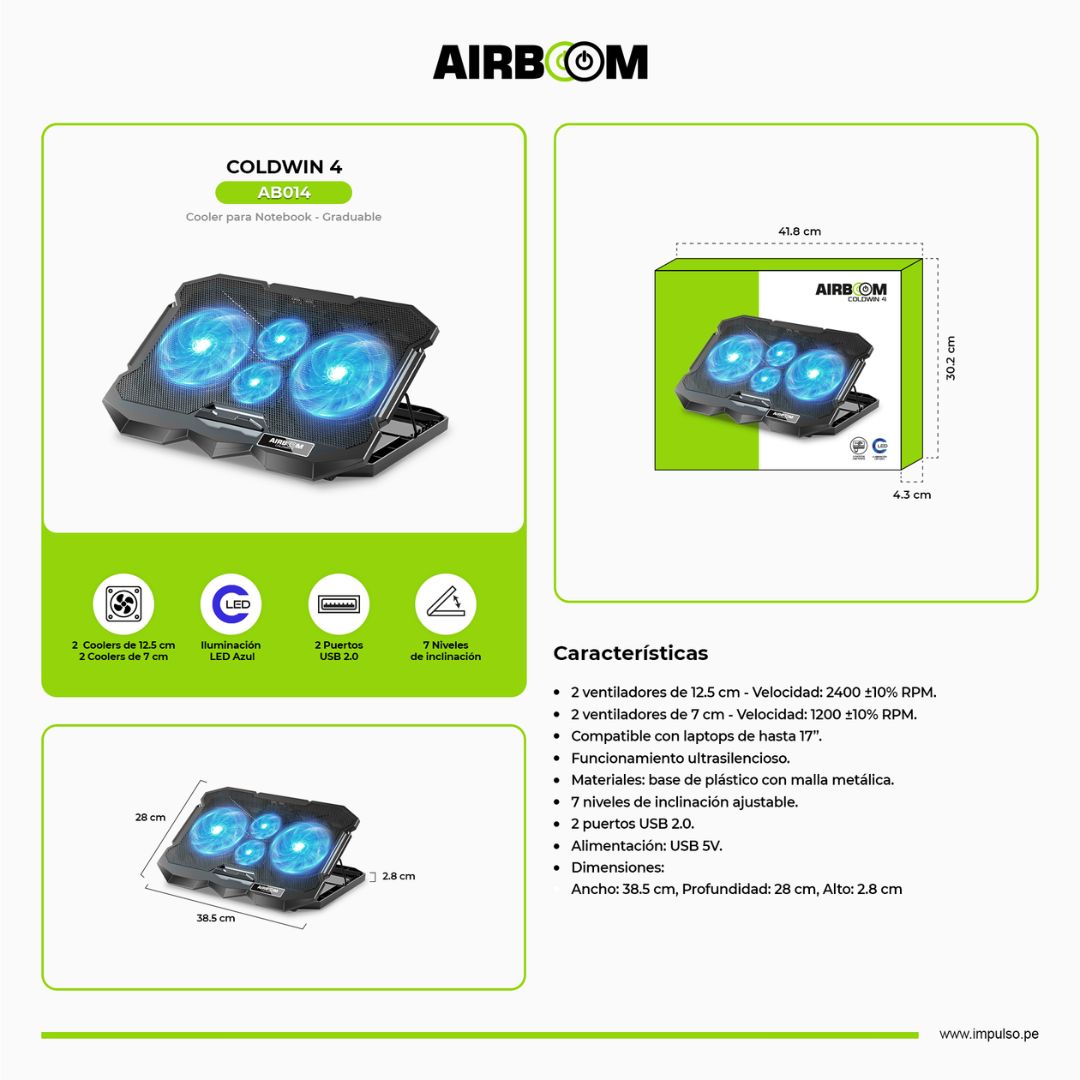 Cooler para Laptop AirBoom Coldwin AB014 17” 4 Ventiladores LED Azul