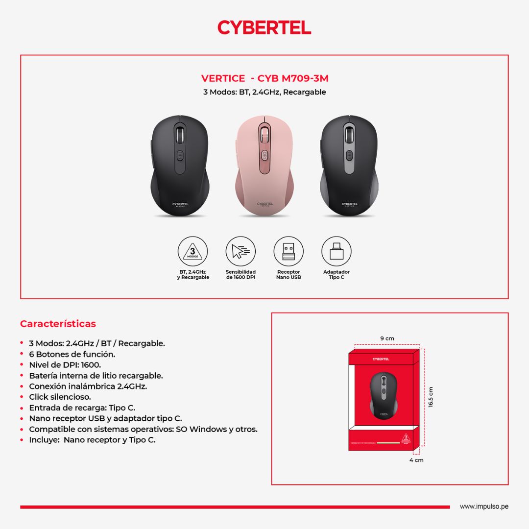 Mouse Cybertel M709-3M Bluetooth 2.4G Recargable Silencioso