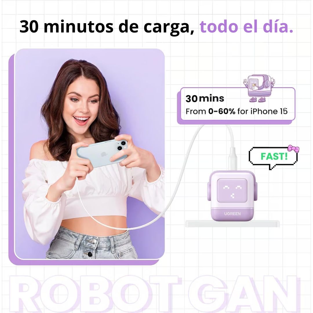 Cargador GaN de Pared UGREEN Uno RG CD359 30W Robot USB-C Púrpura