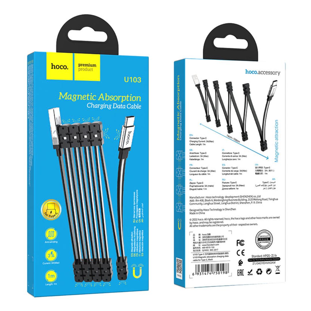Cable USB-A a USB-C Hoco U103 3A 1m Magnético Antienredos Carga y Datos