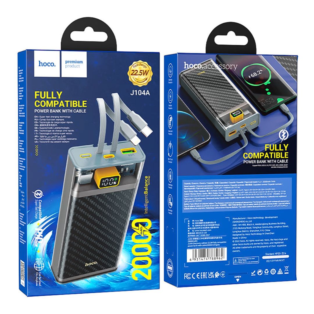 Power Bank 20000 mAh Hoco J104A con Carga Rápida 22.5W Pantalla LED Cables Integrados y USB-C