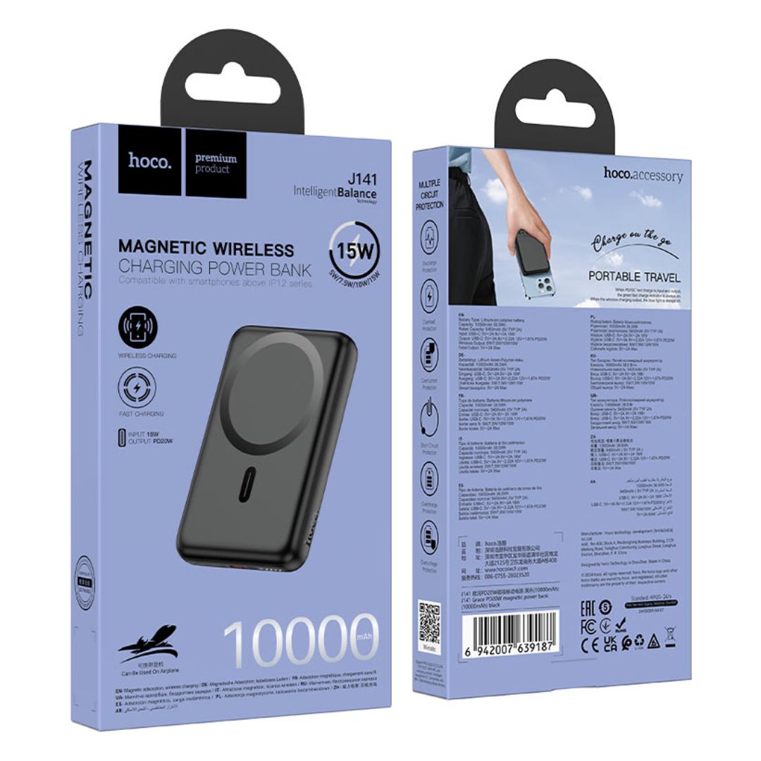 Power Bank Magnético Inalámbrico 10000 mAh Hoco J141 con Carga Rápida PD 20W USB-C
