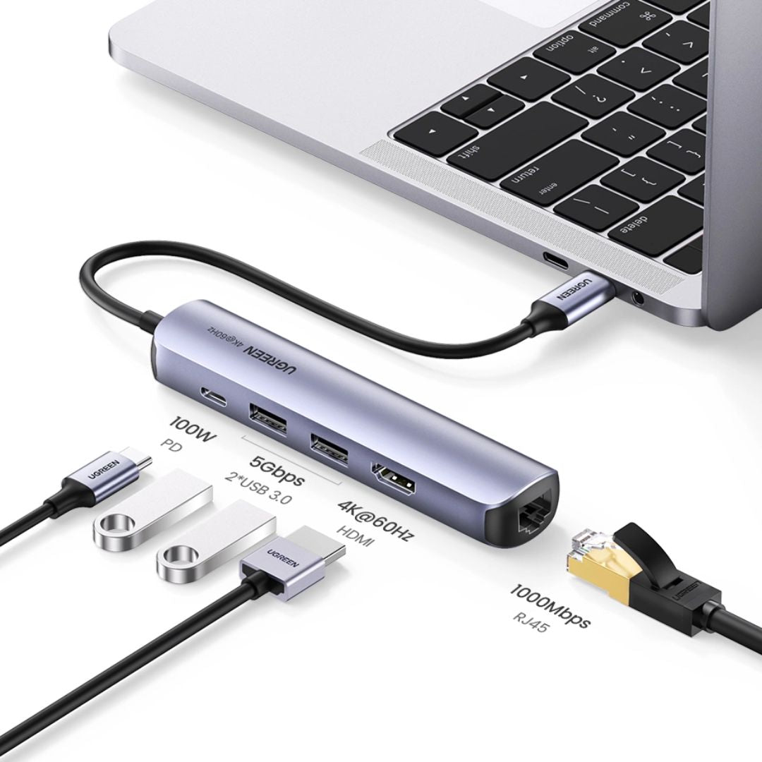Hub USB-C 5 en 1 UGREEN CM418 HDMI 4K 60Hz Ethernet Gigabit PD 100W para Laptop