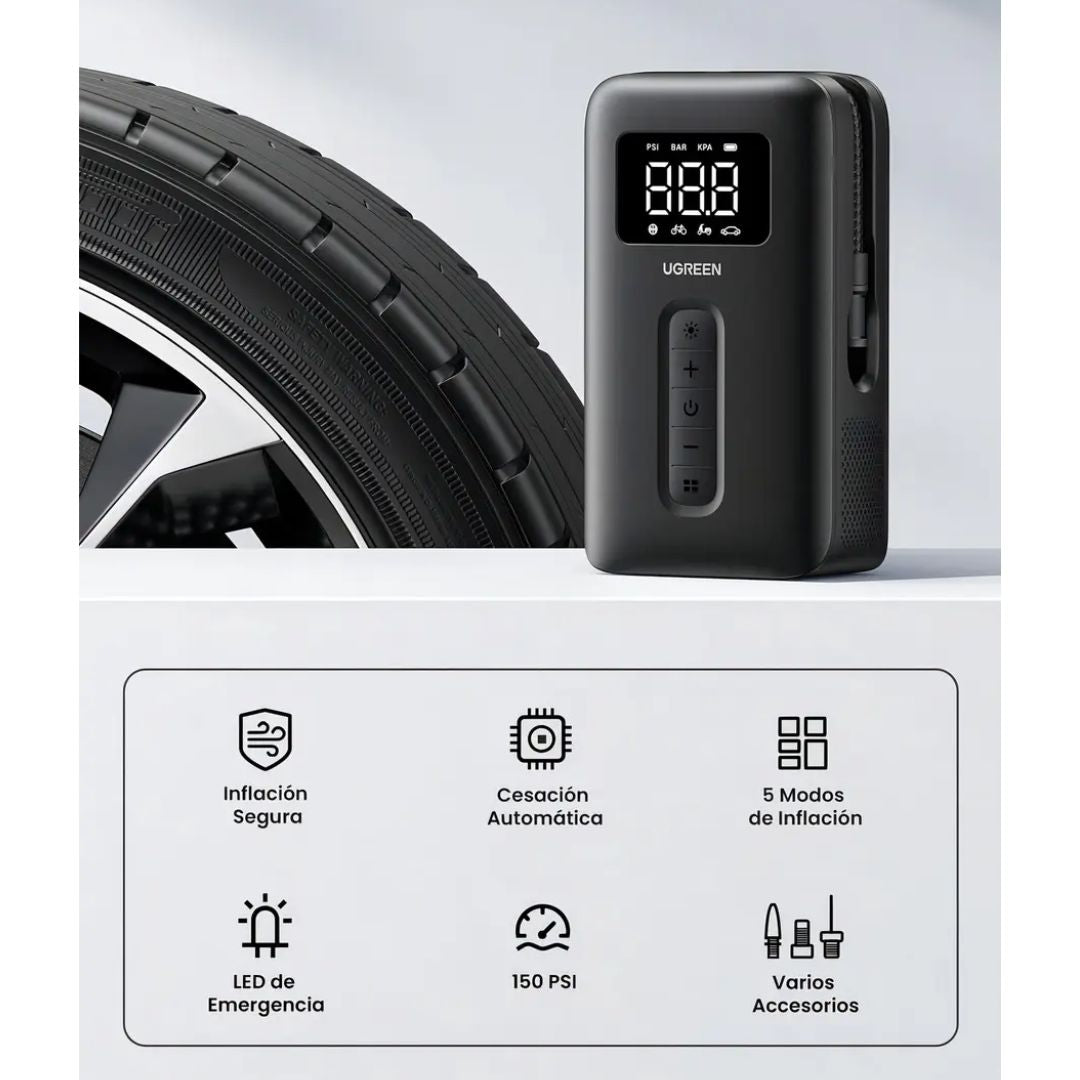 Inflador de Llantas Portátil UGREEN CD259 150 PSI Recargable con Pantalla Digital y Luz LED