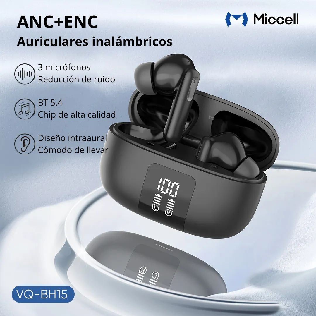Audífonos Bluetooth ANC ENC Cancelación de Ruido BT 5.4 Estuche de Carga Miccell VQ-BH15