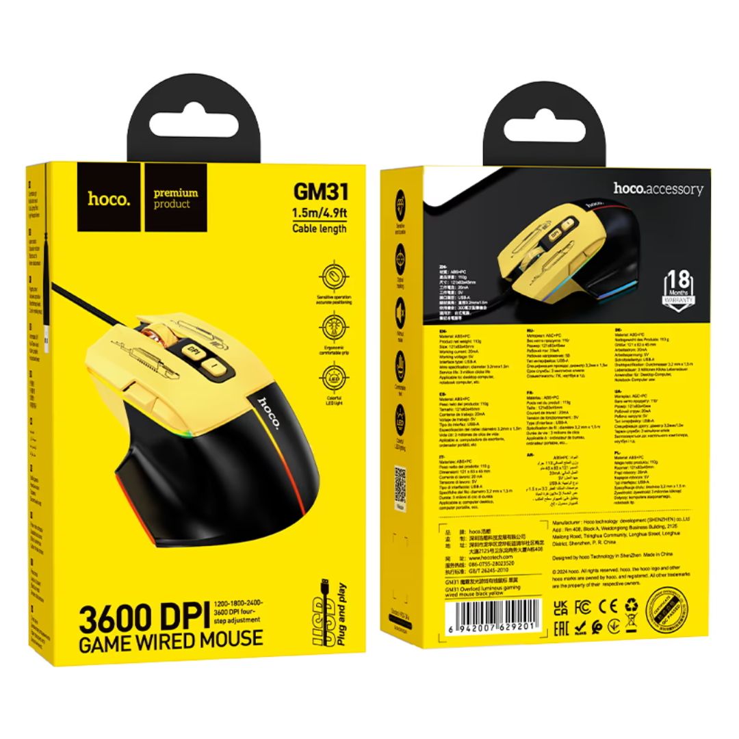 Mouse Gamer Hoco GM31 Overlord RGB USB 3600 DPI con 7 Botones y Cable Trenzado