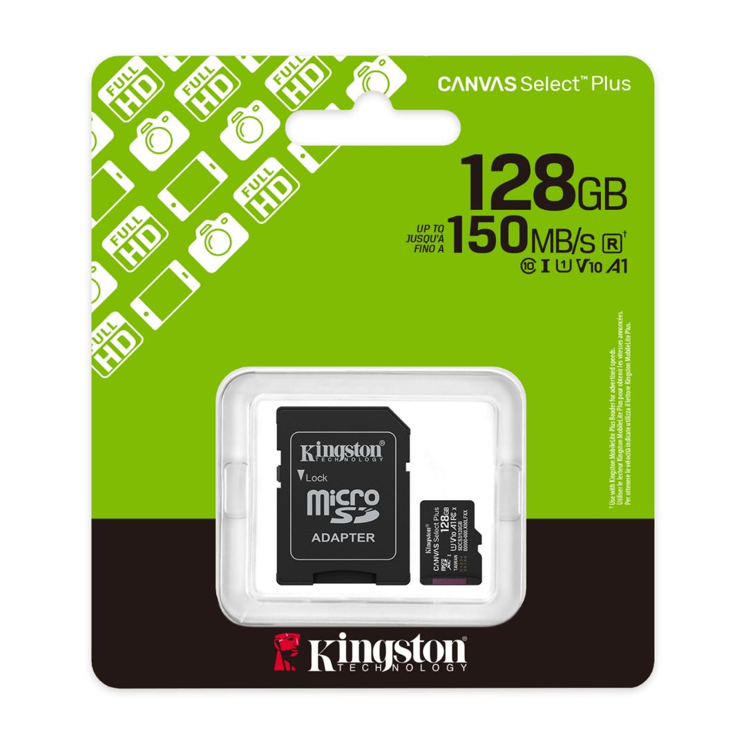 Memoria MicroSD 128GB Kingston Canvas Select Plus 150MB/s Clase 10 para Celular y Cámaras