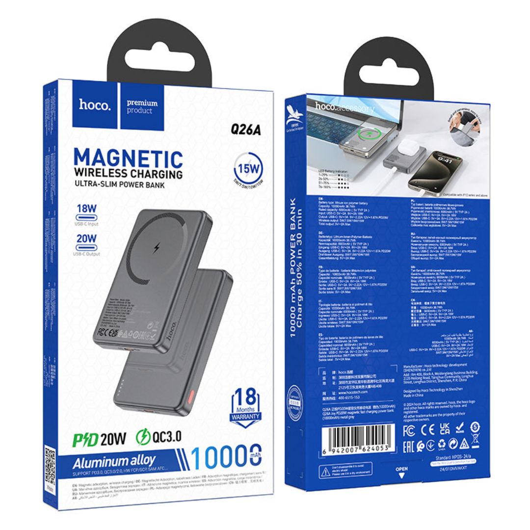 Power Bank Magnético Hoco Q26A 10000mAh PD20W Inalámbrico 15W Ultrafino