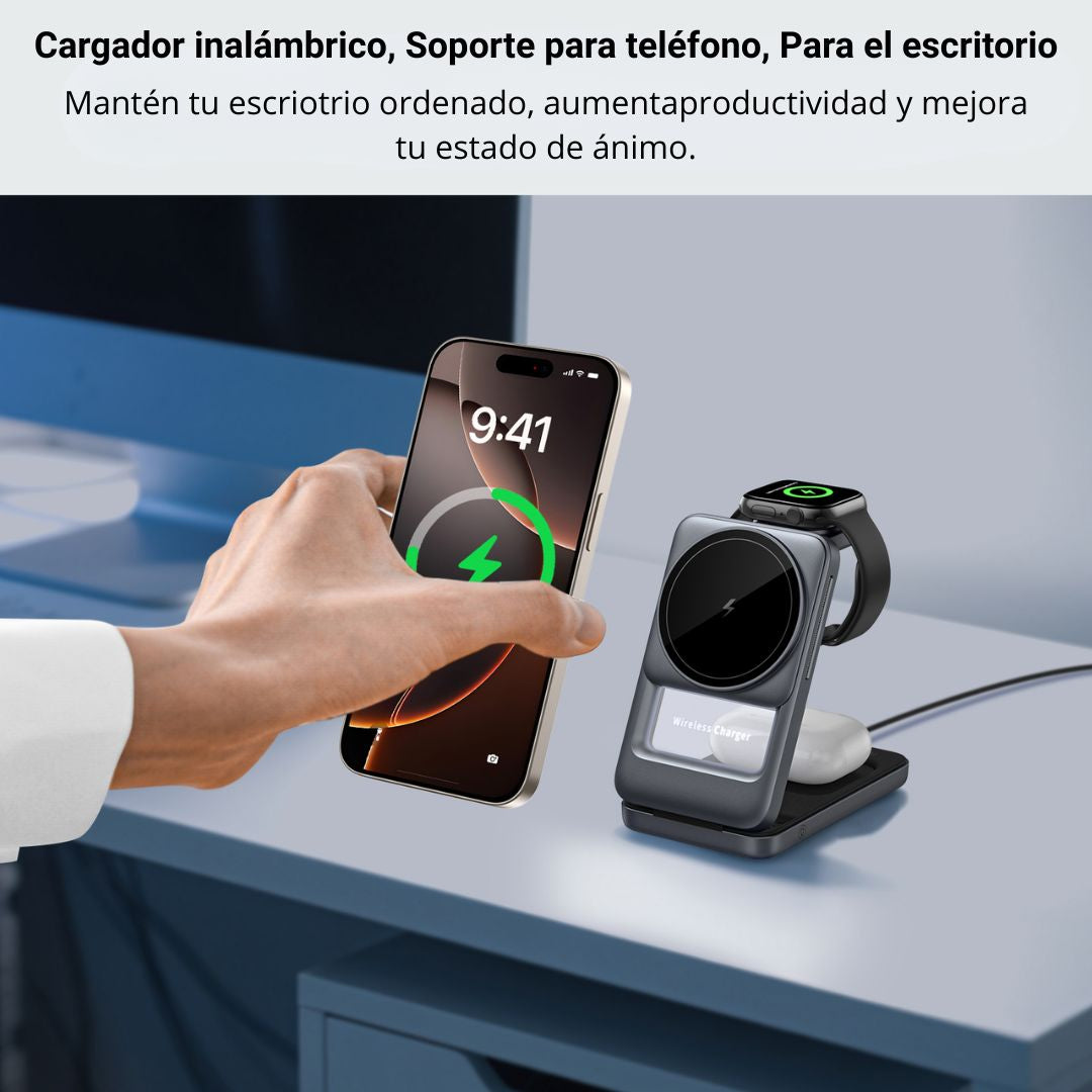 Cargador Inalámbrico Magnético 3 en 1 15W para Celular, Reloj y Auriculares Miccell VQ-W18