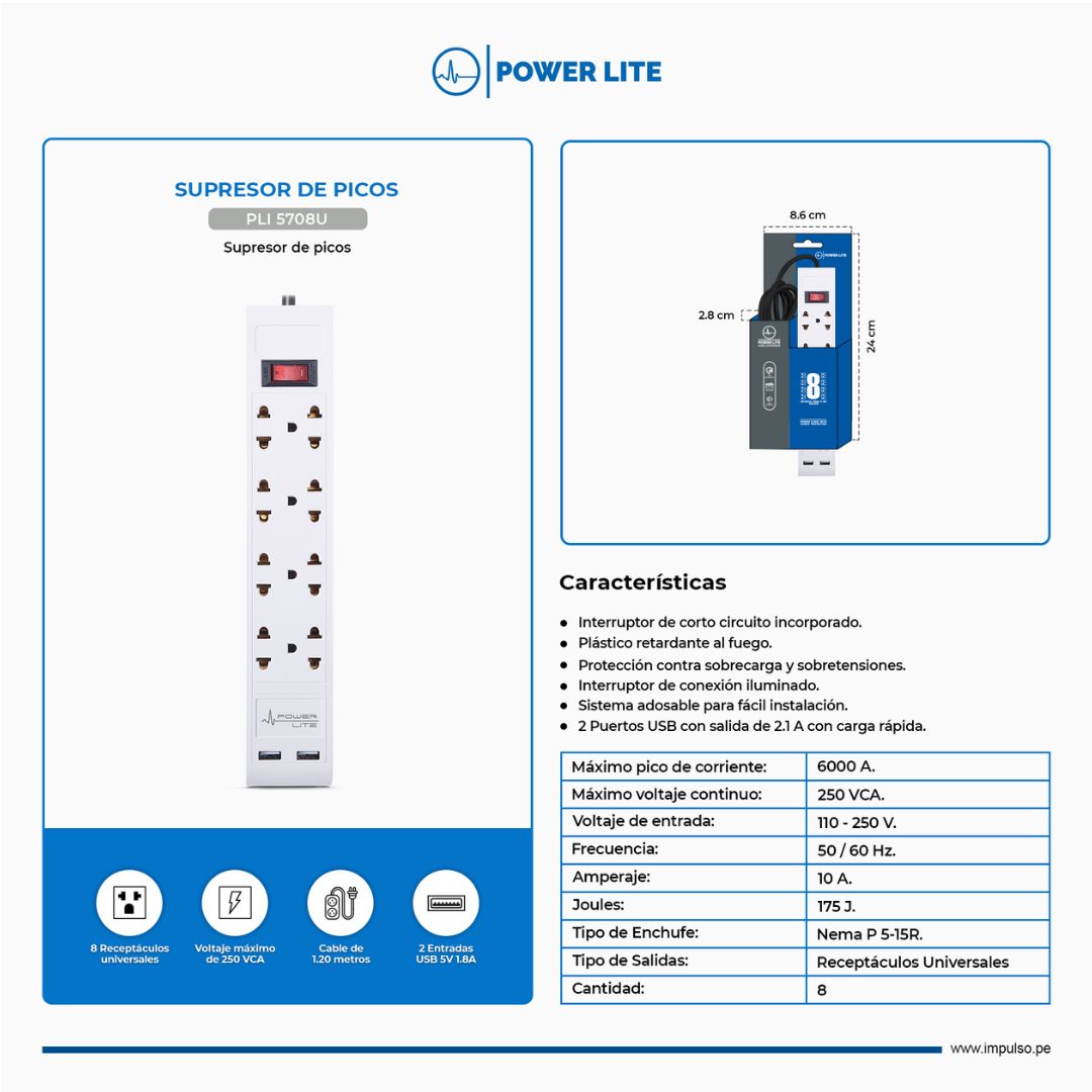 Supresor de Picos Power Lite PLI 5708U 8 Tomas 2 USB