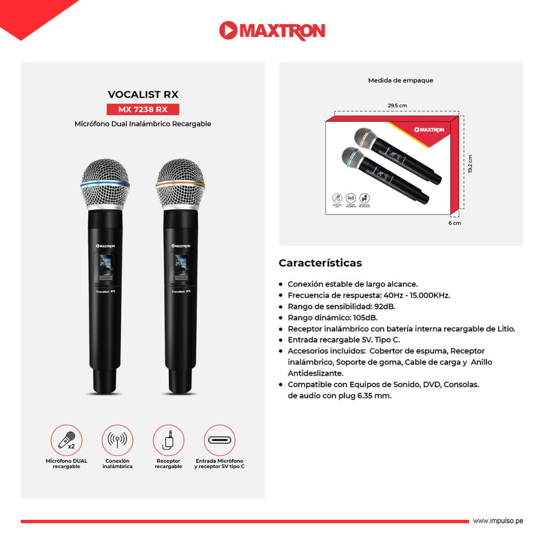 Micrófonos Inalámbricos Maxtron MX 7238 RX UHF Recargables x2